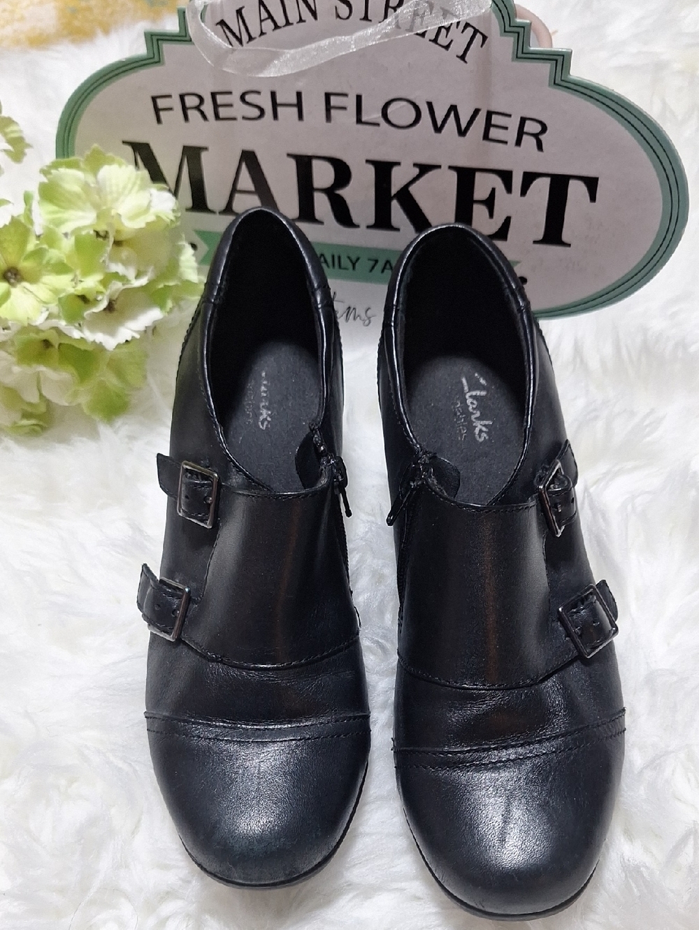 Clarks Black Double-Buckle Leather Heels